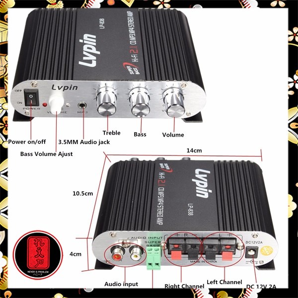 LVPIN Mini HiFi Stereo Amplifier Treble Bass Booster 12V - LP-838 - Black