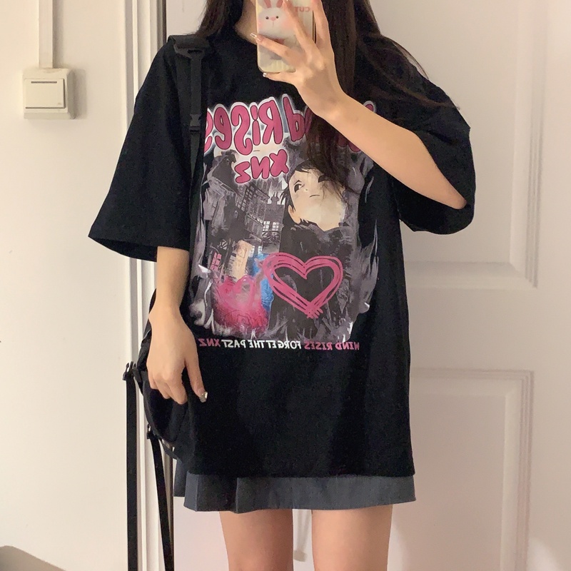 american retro baju kaos wanita lengan pendek cartoon graphic print import oversize kekinian kaos hitam