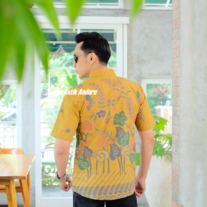 Kemeja Batik Pria Slim Fit Lengan Pendek Modern Elegant Heem Premium Warna Kuning Lemon Yellow