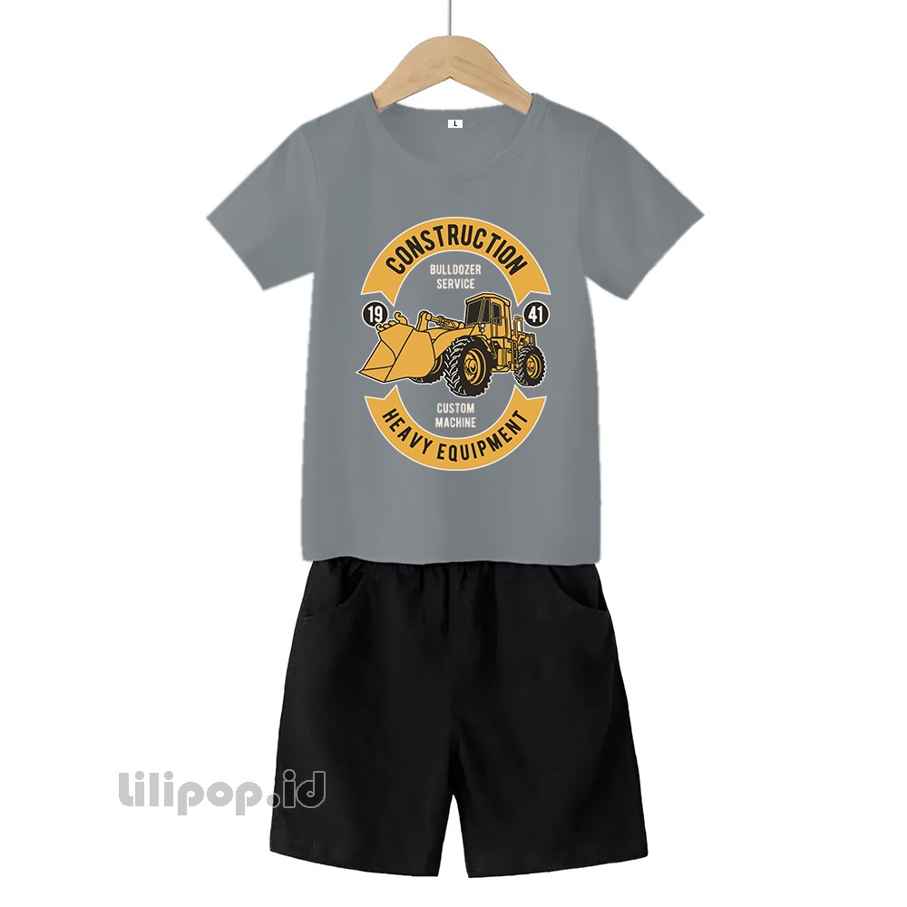 Baju Anak Stelan Kaos 3/4 bulldozer Cowok Cewek  Usia 2 - 7 Tahun Celana Pendek Harian