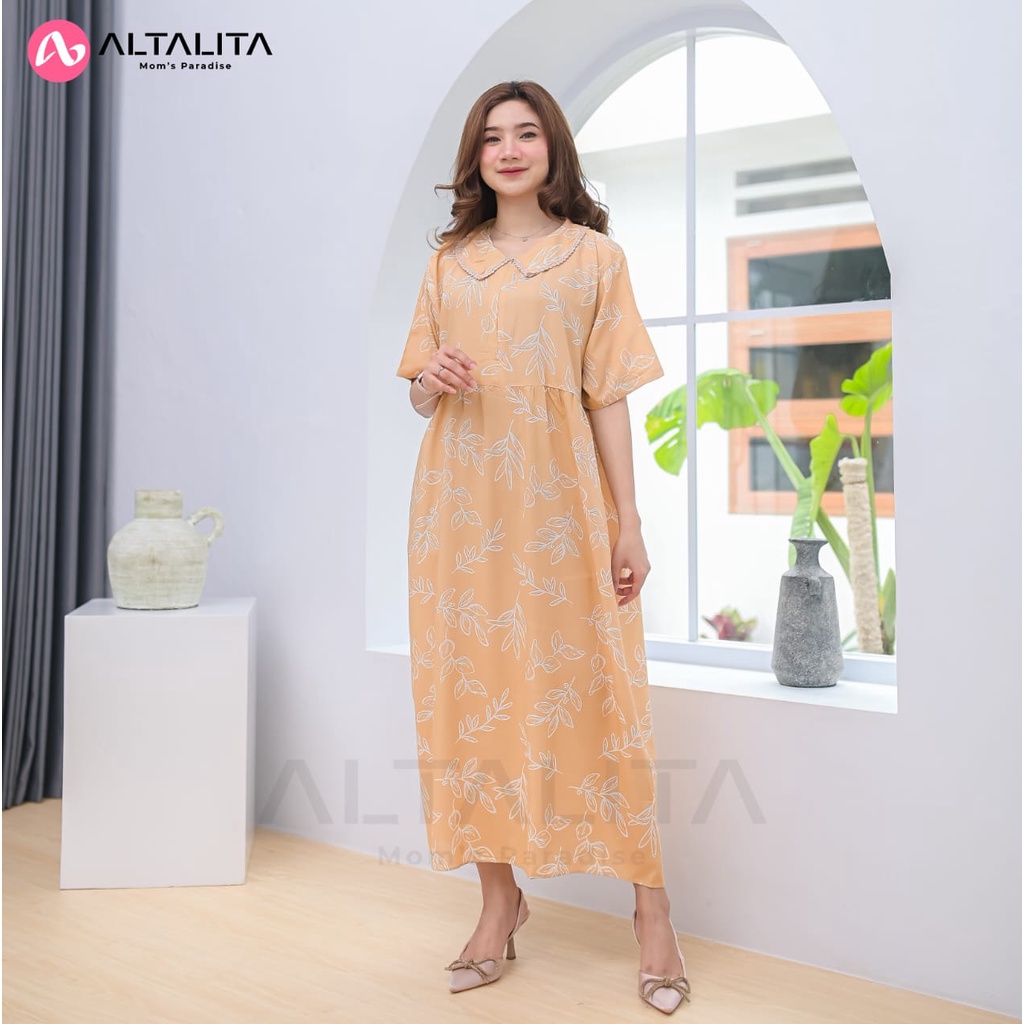 Altalita - Daster Kerah Renda Cantik Bahan Rayon Premium Wanita Remaja Kekinian Busui Panjang Semata Kaki Lengan Pendek Jumbo LD 120