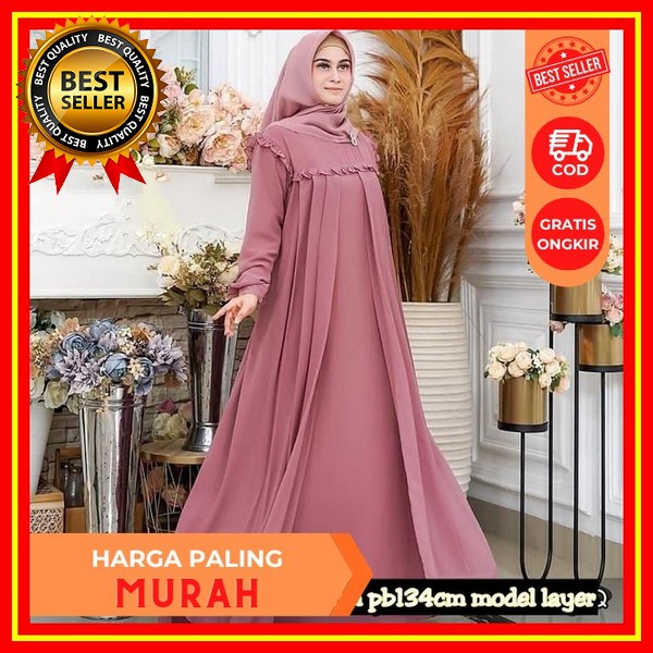 Dress Maxi Pesta Mewah Elegan Bahan Crinkle Airflow Mix Bordir Mewah Baju Lebaran 2023 Model Terbaru