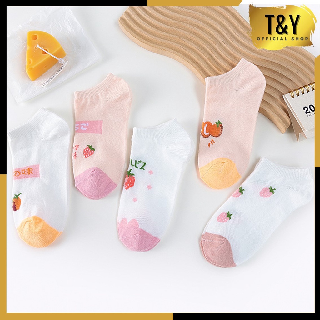 T&amp;Y Kaos Kaki Wanita Mata Kaki Motif Buah Strawberry Orange 6585 Kaos Kaki Pendek Fashion Korean Unisex Semata Kaki Oren Peach Putih Socks Import Ankle Socks Korean Model Simple Cute