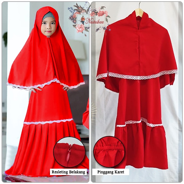 Setelan gamis syari anak perempuan Polos / Baju muslim Anak Perempuan 7 tahun sampai 9 tahun Bahan Wollycrepe Variasi Renda Include Bergo