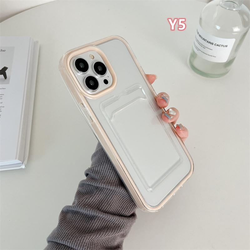 IPHONE Shockproof 3-in-1 Kartu Kredit Case Kompatibel Untuk Iphone11 13 12 14 Pro MAX 7Plus 8Plus XR 7-8 6 6S Plus X XS MAX SE 2020 Bening Padat Murni Warna Permen Penuh Melindungi Soft Case