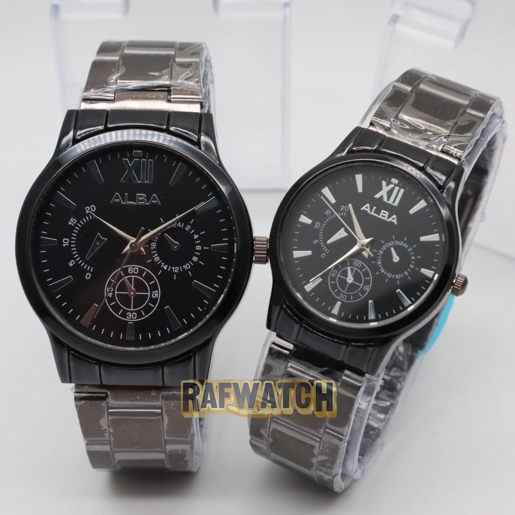 Jam Tangan Pasangan Pria Wanita Analog Casual Rantai Stainless Silver Hitam RPA3