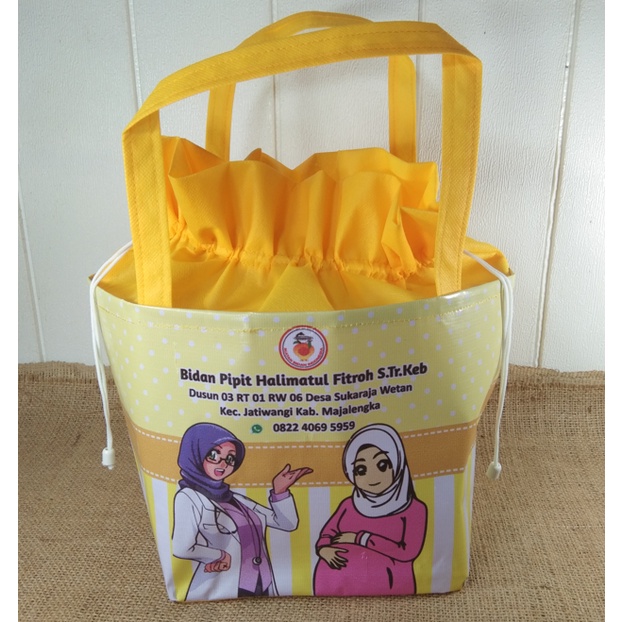 Tas Souvenir Ultah Bidan Dokter Praktek Haji Umroh Serut Custom Pakai Nama Foto PROMO Goodie Bag Ulang Tahun Serut MURAH Terlaris