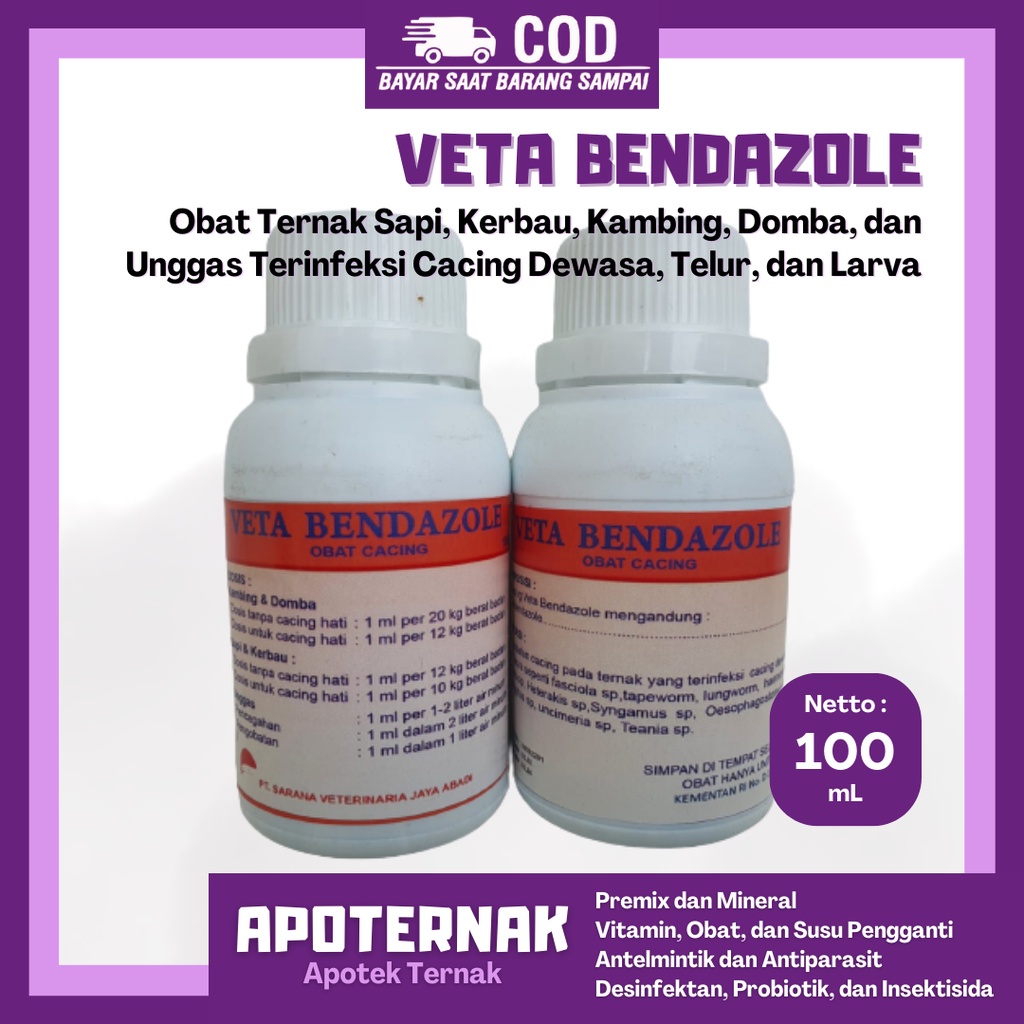 VETA BENDAZOLE @100 mL | Obat Cacing Minum Ternak Untuk Sapi Kerbau Kambing Domba Babi dan Unggas | 