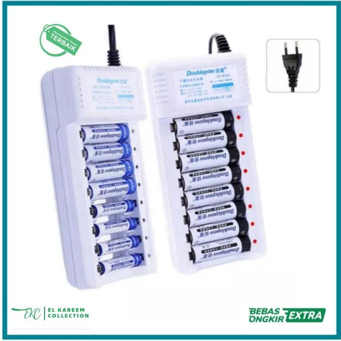 Charger Baterai 8 slot Cas Isi Ulang Doublepow & Paket Baterai AA/AAA