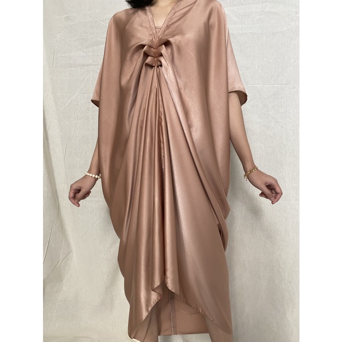 NEW Kaftan wanita polos elegant bahan satin premium Maxmara - Champagne Gold (X6Q2) Turban Kondangan