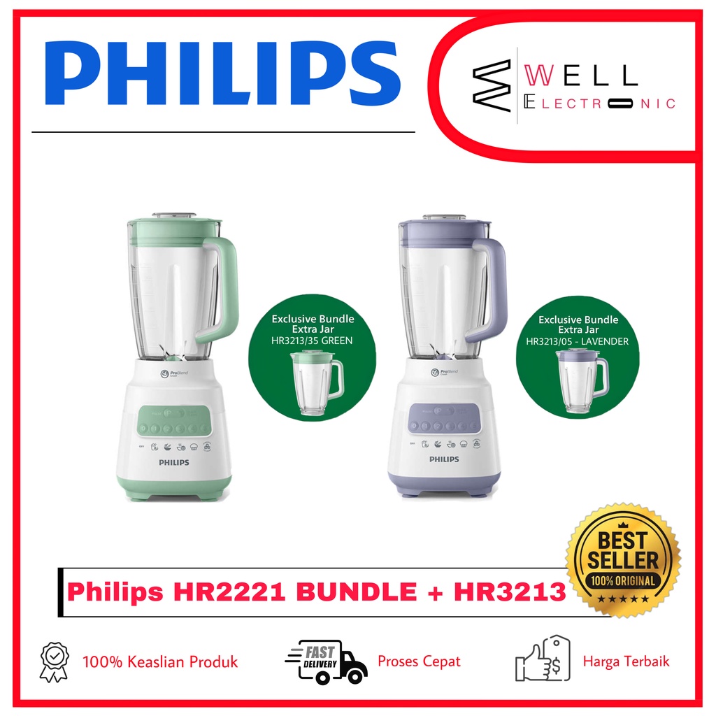 Philips Blender Plastic 2L HR2221/30 HR 2221 + Gelas HR3213/35 HR 3213 GREEN - Bundle Series