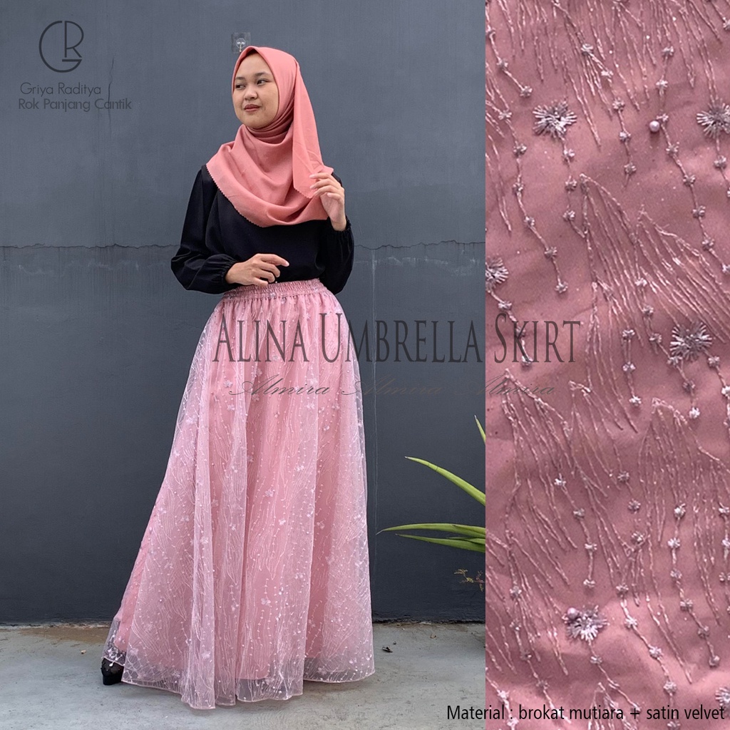 Rok Brukat Satin Payung  Kondangan Alina Umbrella Skirt Brokat Mutiara Almira Panjang 100cm Gratis Potong
