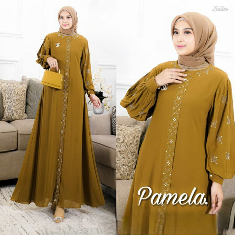 Pamela Dress Wanita Fashion Muslim Busui Zipper depan Bahan Ceruty Babydoll Full puring Motif Swaroski Mewah Elegan Kekinian - Baju Pakaian Perempuan Dewasa Jumbo LD 110 Kondangan Baju Lebaran Hari Raya