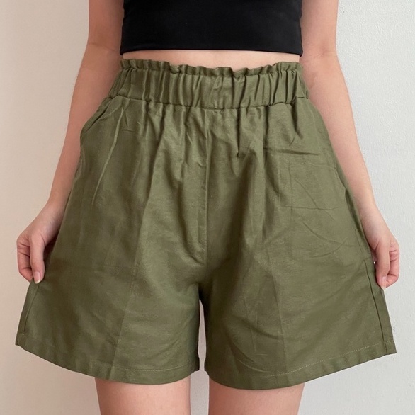 Celana Pendek Joy Linen Shorts Hotpants Pinggang Karet Hot Pants Wanita Violita HOPYLOVY