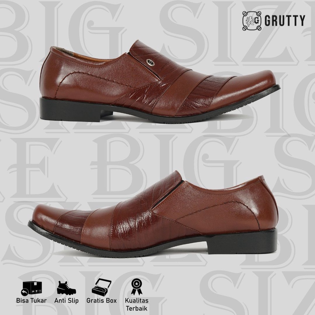 Sepatu Pria Formal Pantofel Kulit Asli Tanpa Tali Big Size Ukuran Besar GRUTTY DC014 Coklat