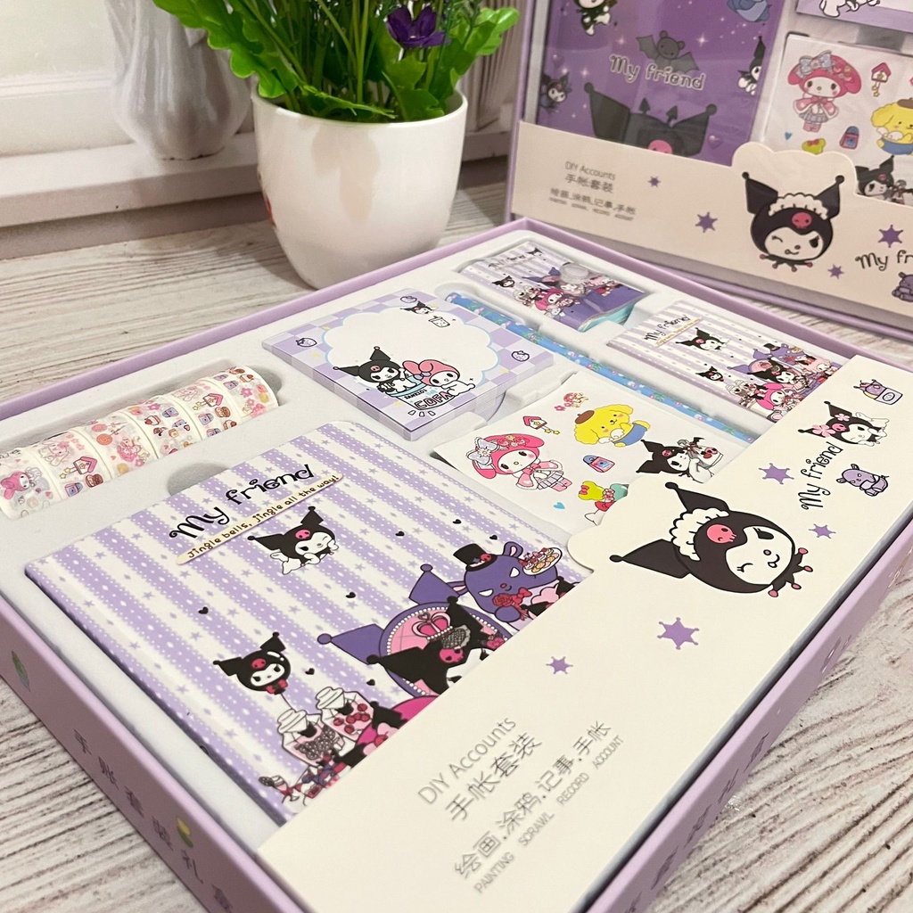 

Paket jurnal diary 7in1 motif sanrio kuromi - ISI NOTEBOOK HC WASHI TAPE STICKY NOTES BOOKMARK STIKER - journal tulisan