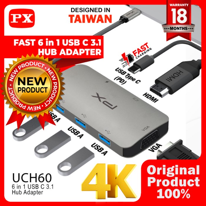 Hub Converter Usb Type C 3.1 To Hdmi 4K Vga Usb 6 In 1 Px Uch60