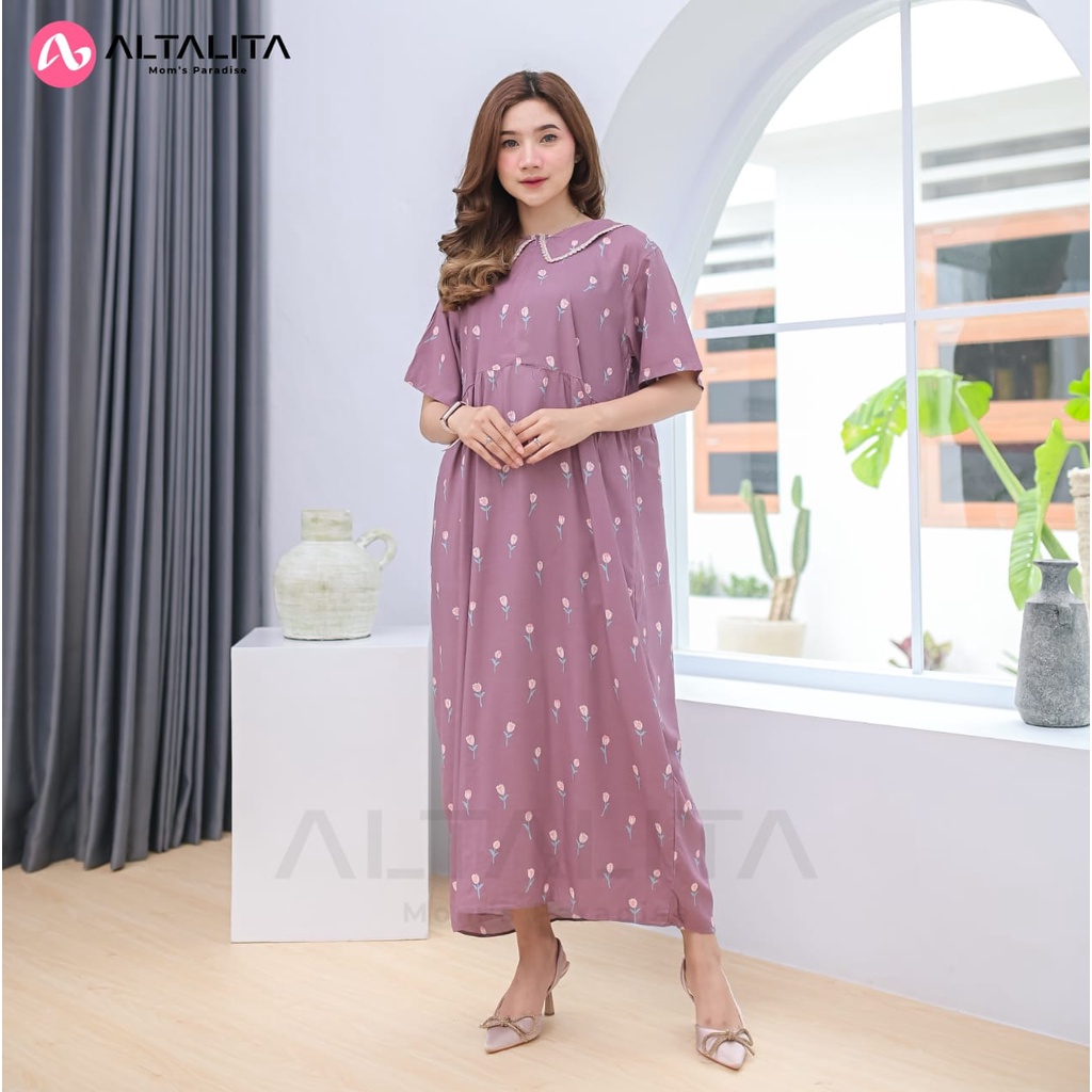 Altalita - Daster Kerah Renda Motif Remaja Kekinian Wanita Busui Panjang Semata Kaki Lengan Pendek Bahan Rayon Premium  Jumbo LD 120