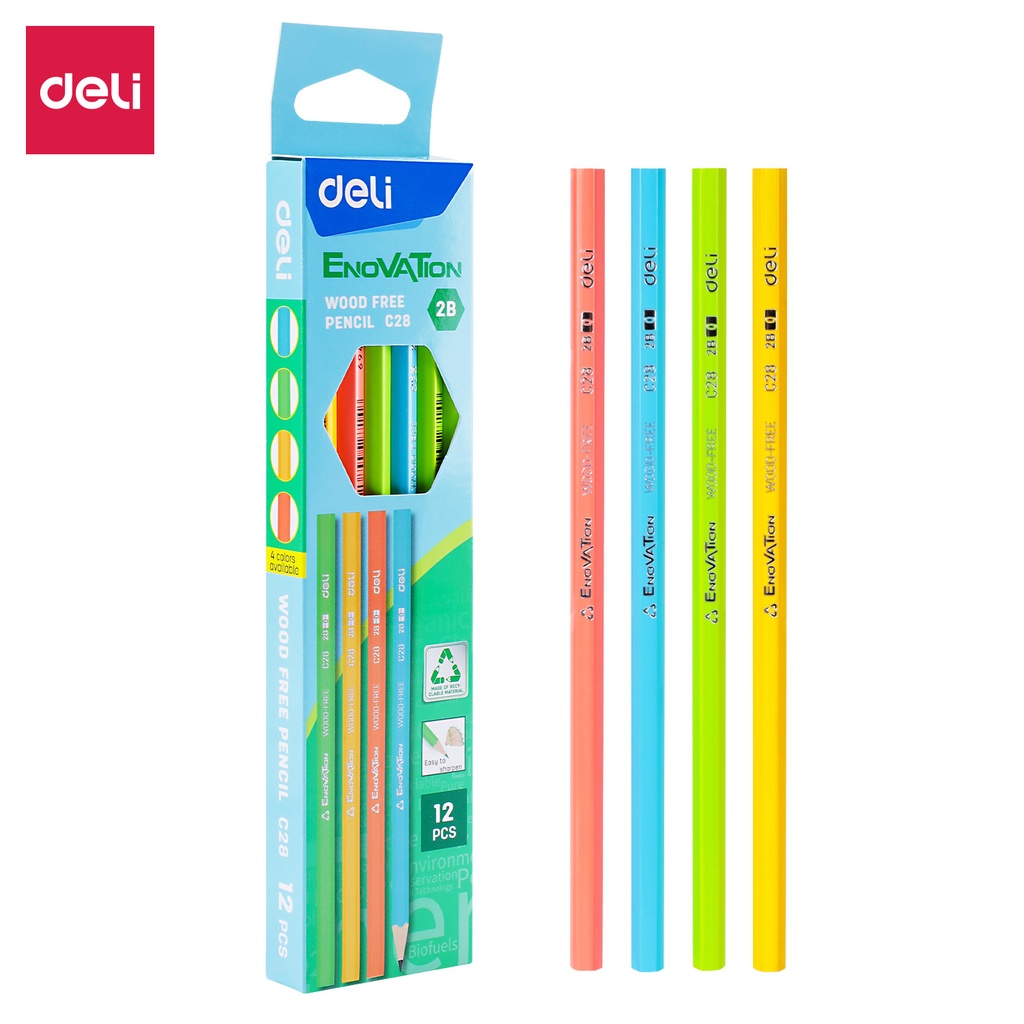 Deli Wood Free Pencil / Pensil 2B Isi 12 Ramah Lingkungan Bahan Daur Ulang EC28