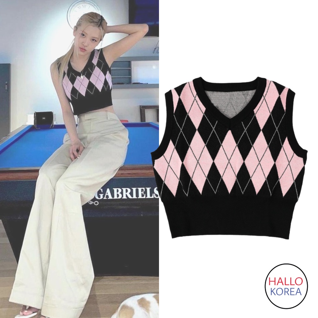 Rompi Rajut Rose Blackpink Crop Top Knit Korean Style