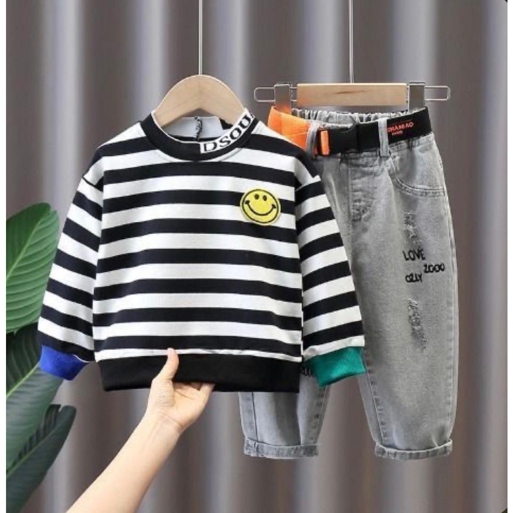 Promo setelan sweater salur celana jeans anak bayi usia 6 bulan sampai 5 tahun baju anak setelan pakaian anak