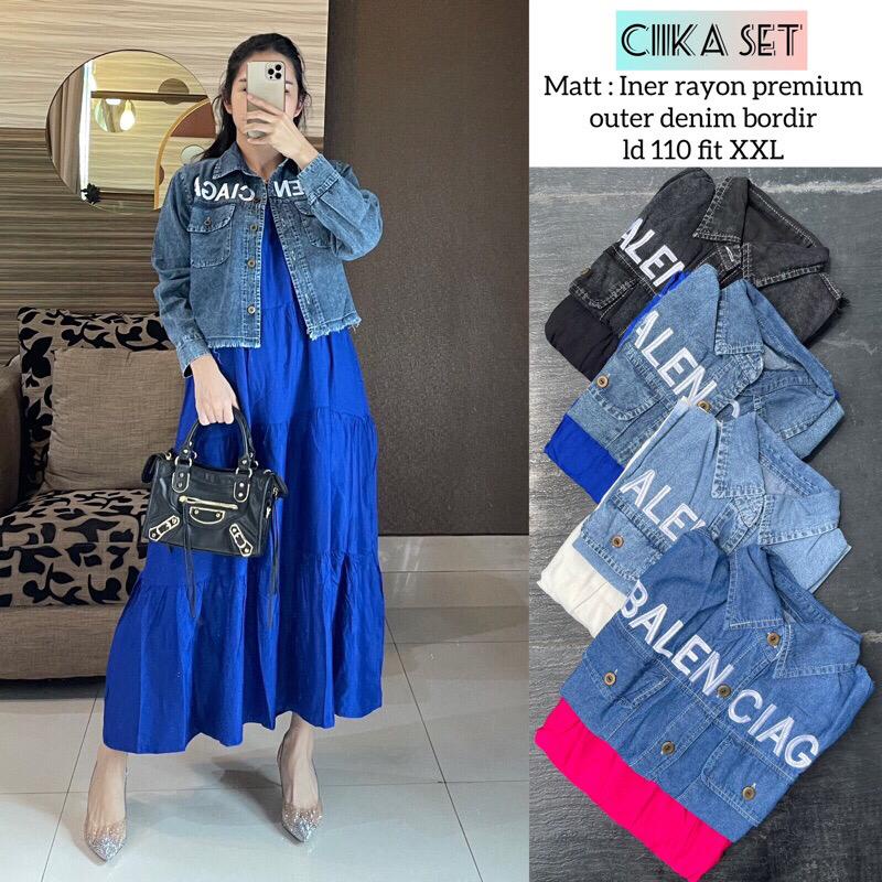 FLORIA MIDI SET 2IN1 - INER RAYON TWILL MIDI OUTER JEANS BORDIR TULISAN - MIDI DRESS SET