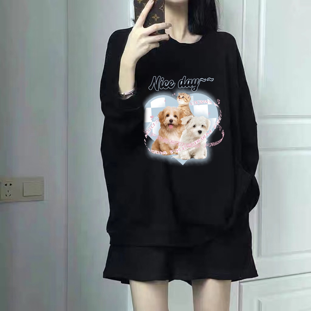 Kaos Stasan Wanita Oversize Couple Sweater American Vintage Cute Cat Cartoon Graphic Priting Top Kekinian Casual Sweater