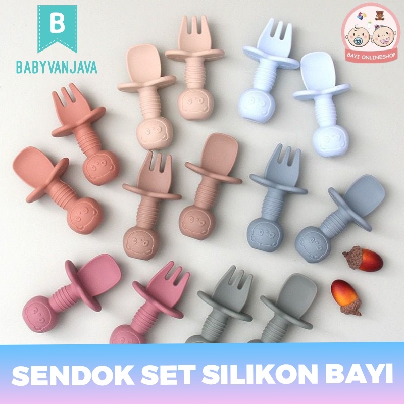 (ABB) Sendok Garpu Silikon Set Makan Bayi Peralatan Alat Makan Perlengkapan Bayi Silicone
