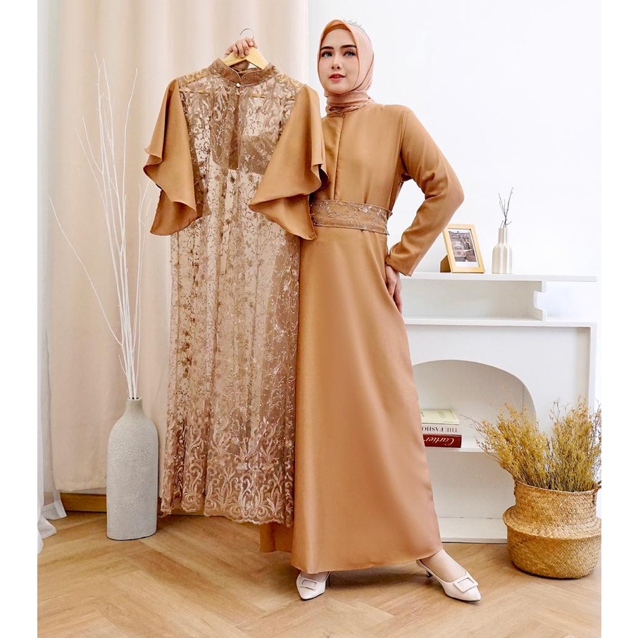 (Pasti Realpict) 2IN1 GEORGINA DRESS INNER + OUTER BRUKAT TILLE PREMIUM / FREE BELT / SET GAMIS MAXI DRESS KONDANGAN