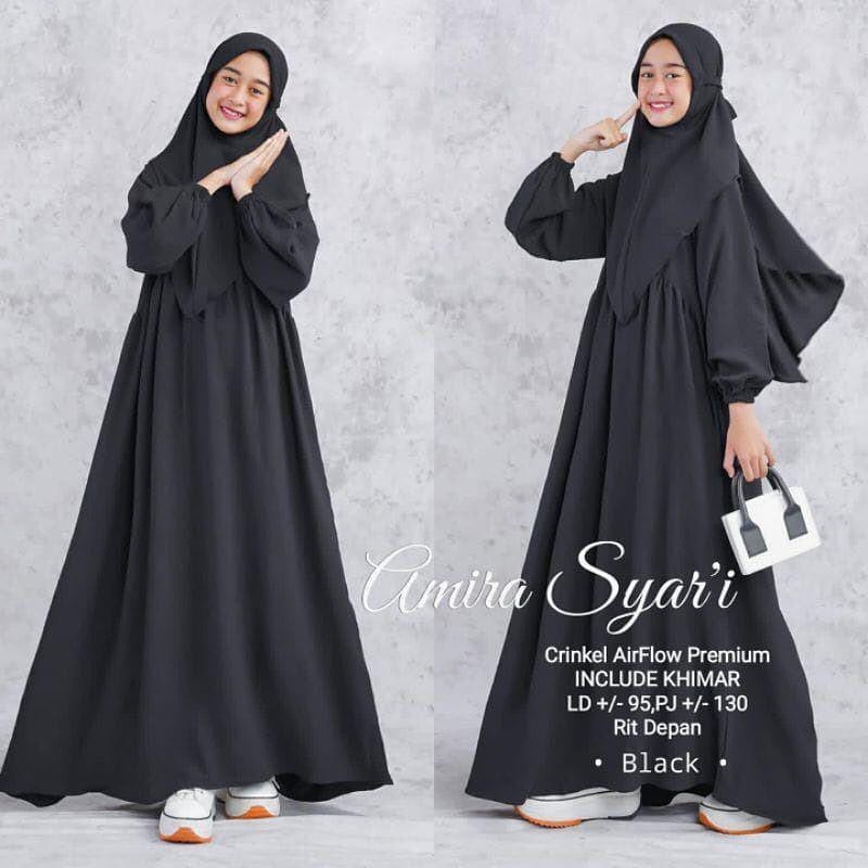 Baju Anak Tanggung Remaja Terbagus 2023 Kids Syar'i Anak Tanggung Remaja AMIRA SYAR'I Bahan Crinkle Airflow Premium + Khimar Gamis Anak Polos Umur 8 9 10 11 12 13 14 15 Tahun