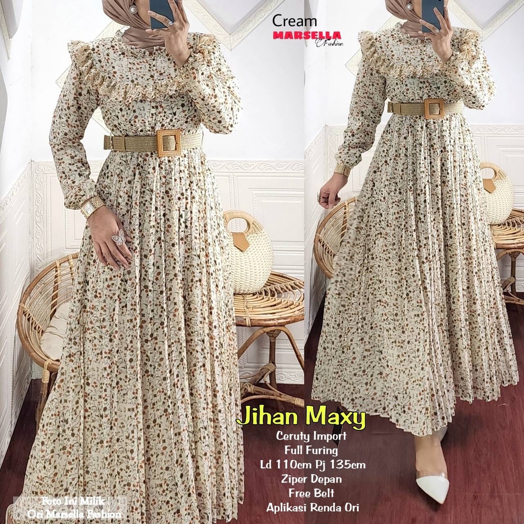 JIHAN MAXY DRESSORIGINAL BY MARSELA GAMIS CERUTY IMPORT MOTIF BUNGA FREE BELT BUSANA MUSLIM WANITA M