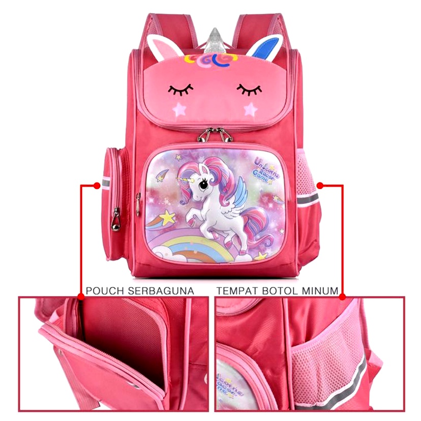 Tas Unicorn Ransel Sekolah SD Anak Perempuan Karakter Unicorn 3D Emboss Import Backpack School for Girls 3D