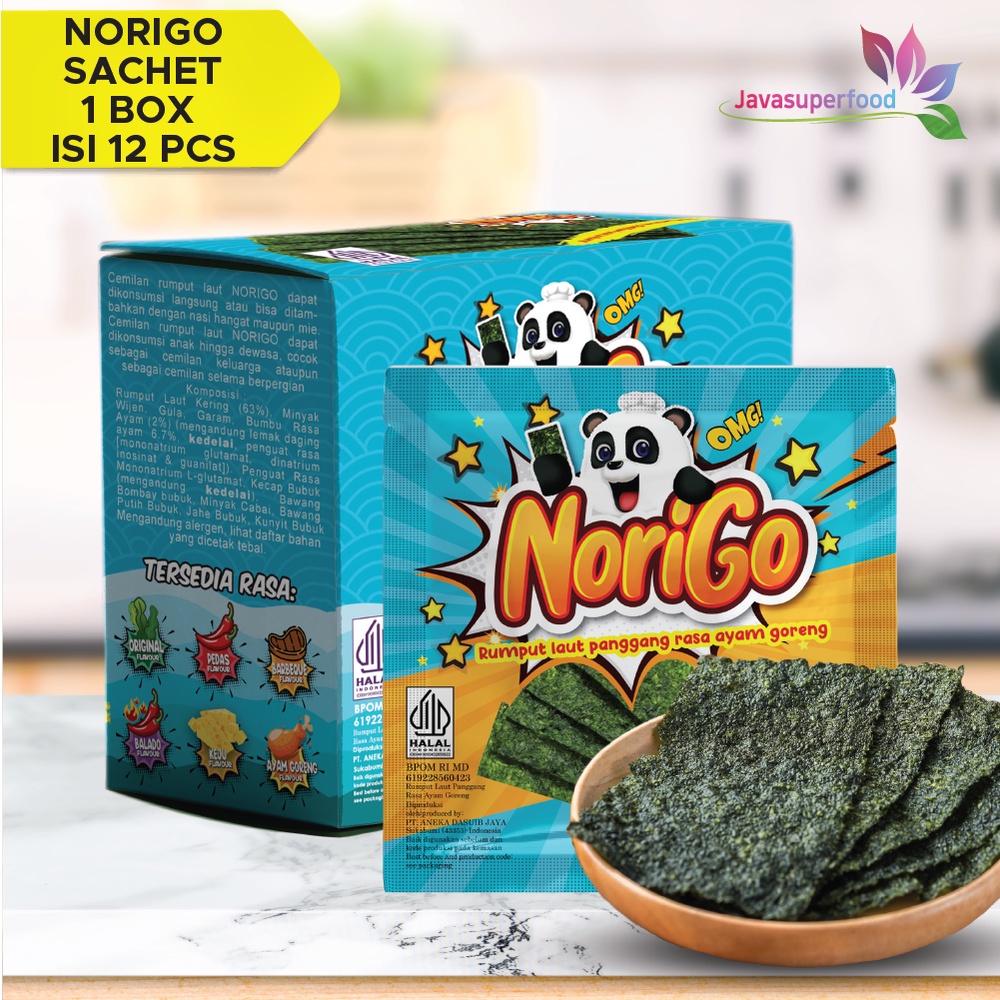 Norigo Ayam Goreng (1 BOX ISI 12 PCS) / Nori Sachet Seaweed Snack 3g Rumput Laut Halal Rasa Ayam Goreng