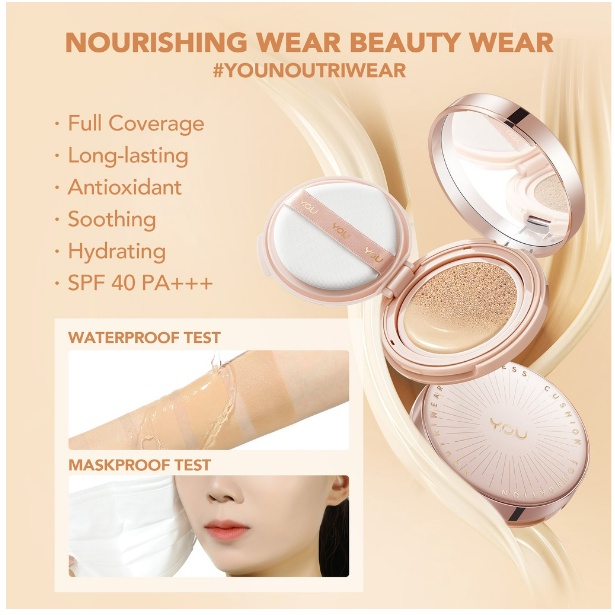 YOU Noutriwear+ Flawless Cushion Foundation | Nourishing | Poreless Full Coverage | SPF 40 &amp; PA+++ | Tahan Lama 16 Jam | Kosmetik