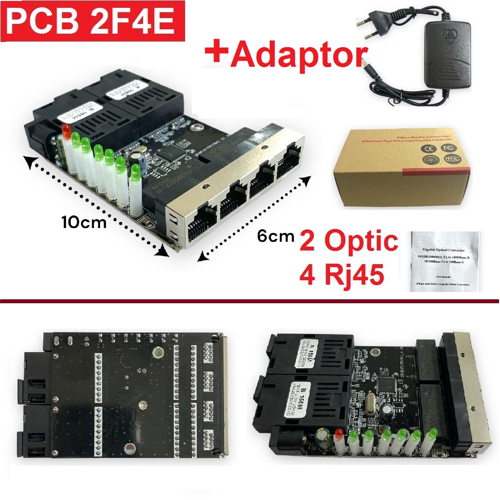 PCB Media Converter Fiber 2 FO SC Port 4 LAN Rj45 Optik Optical 6 SC 2 RJ45 Transceiver Ethernet Switch 4 Port dengan Adapter