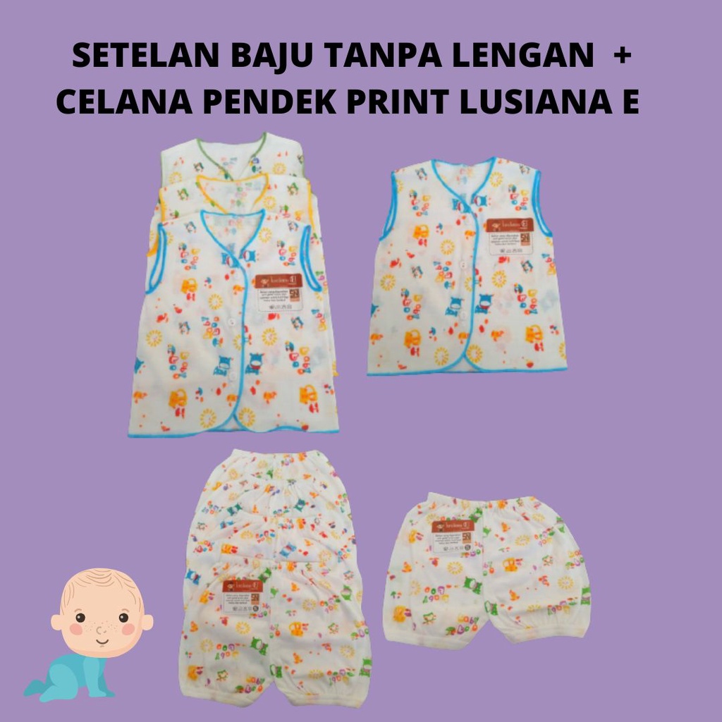 Setelan Baju New Born Print Tanpa Lengan + Celana Pendek Lusiana E 652103 + 651101