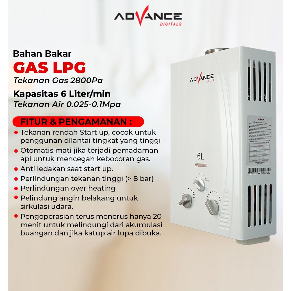 Gas Water Heater Advance GWH50 Pemanas Air Kamar Mandi Gas Bonus Selang Dan Shower