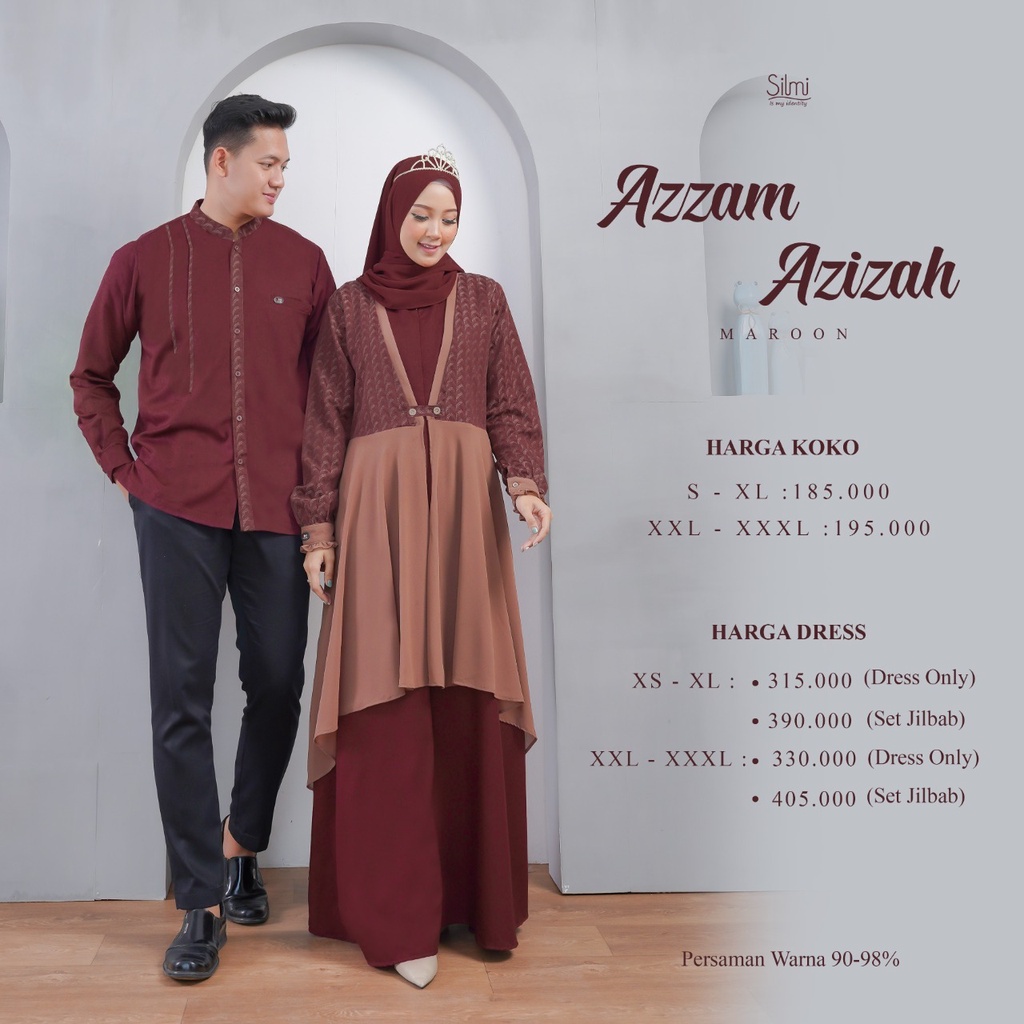 SERAGAM COUPLE AZZAM AZIZAH MAROON BY SILMI FASHION BAJU BUSANA MUSLIM BAHAN KATUN TOYOBO JAGUARD CE