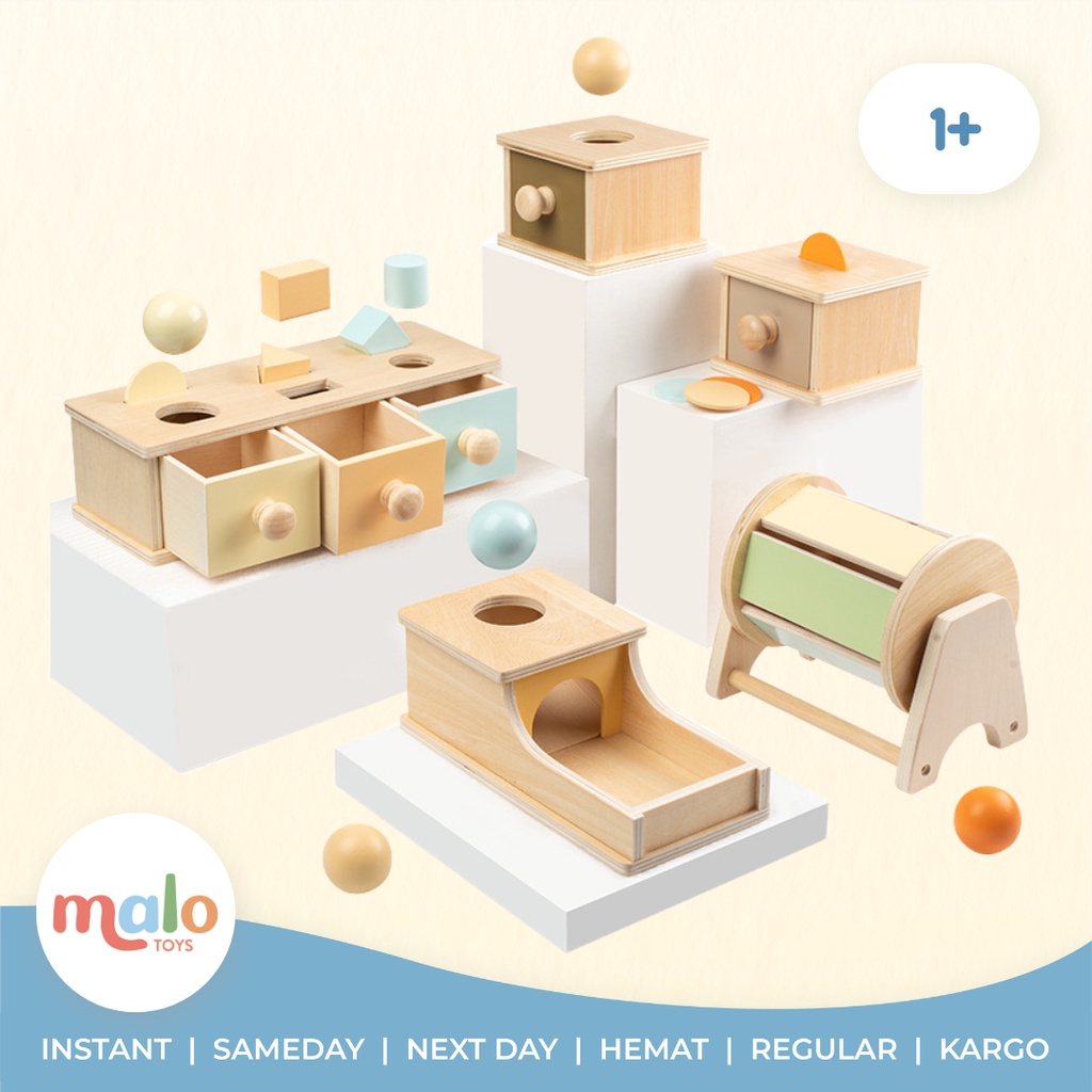Malotoys - Montessori Apparatus Pastel Object Permanence Spinning Drum Coin Box Drawer Ball Three