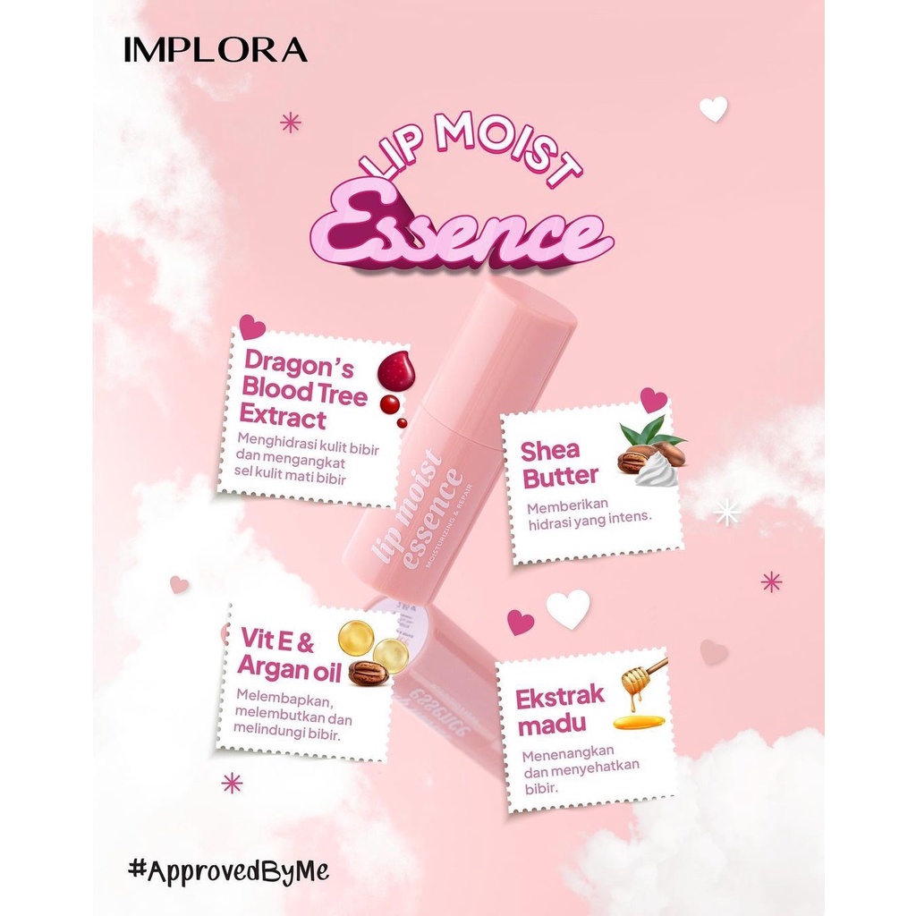 IMPLORA Lip Moist Essence Indonesia / Pelembab Bibir 2.85g / Moisturizing &amp; Repair / Light Smooth Improve Lips Skin Skincare Infused / Melembabkan Moisturizer / Lipstick Primer Balm Stain Mask Cream / Care Treatment Perawatan Bibir Series / Serum Tinted