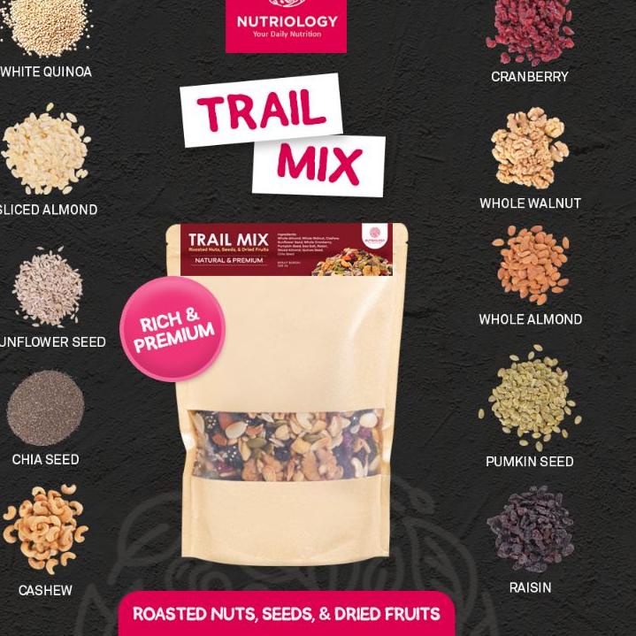 

☂ Trail Mix Nutriology 500GR - Roasted Nuts, Seeds, & Dried Fruits (Premium) ✫