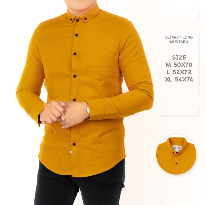 KEMEJA POLOS KUNING MUSTARD//HEM POLOS KUNING KUNYIT UKURAN  M L XL,KASUAL PRIA LENGAN PANJANG