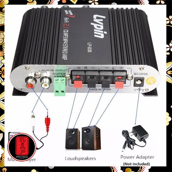 LVPIN Mini HiFi Stereo Amplifier Treble Bass Booster 12V - LP-838 - Black