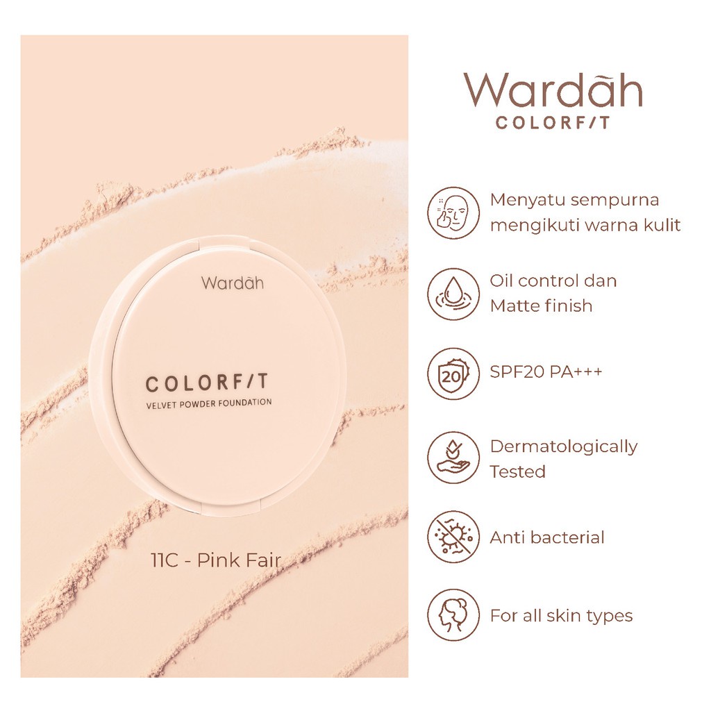 Wardah Colorfit Velvet Powder Foundation - Bedak Padat Dengan SPF 20 - Oil Control - Tahan Lama Hingga 12 Jam - Hasil Matte Coverage