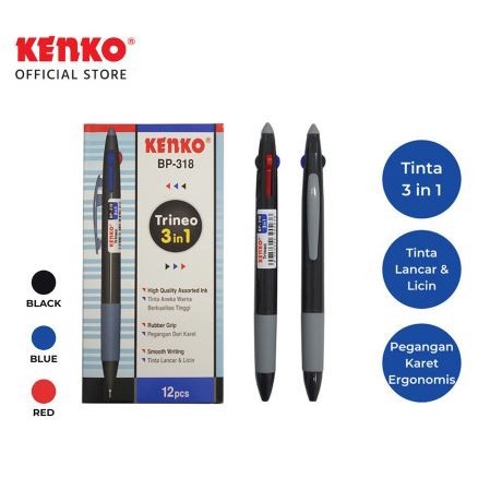 

Terlaris (12Pcs) Pulpen Kenko 3 In 1 Bp-318 / Ball Pen 3 Warna