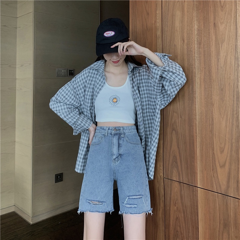 celana pendek denim wanita korean style highwaist premium baggy vintage celana jeans sobek