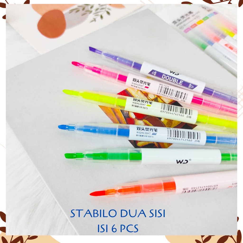 

STABILO DUA SISI ISI 6 PCS PENANDA BUKU HIGHLIGHTER WARNA WARNI PASTEL SPIDOL LUCU WD-1212 ALAT TULIS KANTOR SEKOLAH