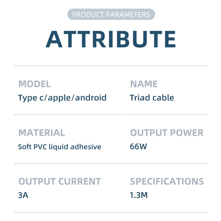 66w 3in1 Kabel Pengisian Super Cepat 1.3M 3A Liquid Soft Rubber Data Line Untuk i-phone Tipe C Android Handset Model Pengisian Cepat