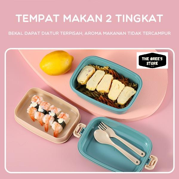 Kotak Makan 2 Tingkat Lunch Box Susun Microwaveable Food Grade Material Plastik dengan Alat Makan STW10 SAMONO