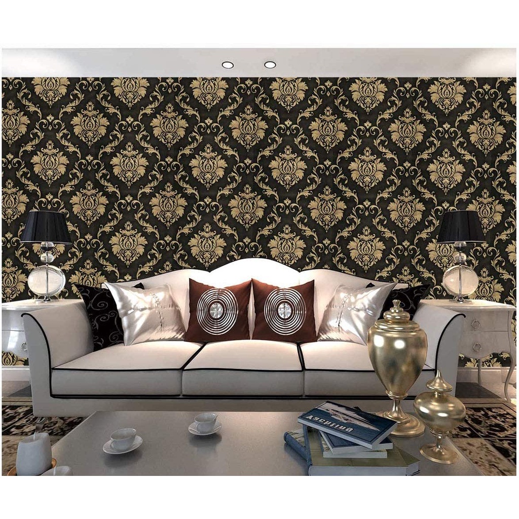 Wallpaper Dinding Motif Batik Hitam Gold Ukuran Panjang 10Meter x Lebar 45Cm